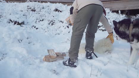 Mann-Hält-Holzstücke,-Die-Neben-Seinem-Hund-Auf-Schneebedecktem-Boden-Aufgestapelt-Sind