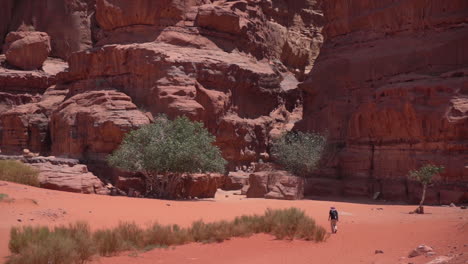 Einsamer-Mann,-Der-An-Heißen-Sonnigen-Tagen-Auf-Wüstensand-Unter-Steilen-Roten-Sandsteinfelsen-Läuft