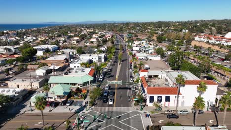 Drone-video-rotating-shot-with-an-overview-of-the-city-of-Encinitas-in-Southern-California,-USA-on-a-beautiful-sunny-day