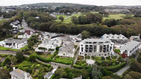 Aerial-downwards-shot-of-Large-Hotels-in-St-Ives-Cornwall-England