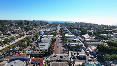 Aerial-view-over-the-beach-city-of-Encinitas-in-Southern-California,-USA-on-a-sunny-day-with-the-view-of-the-ocean-in-the-background