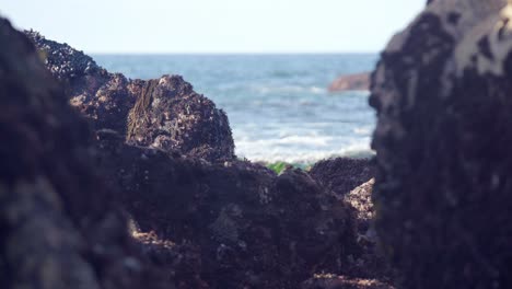 Blurry-View-Through-Tide-Pool-Rocks-Of-Ocean-Waves-Splashing-In-Summer