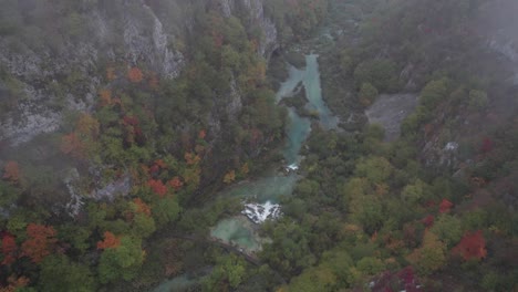 Above-Plitvice-valley-with-scenic-lakes-and-waterfalls-during-overcast-day