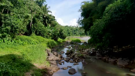 Garbage-pollutes-Progo-river-by-forest-in-Indonesia,-forward-aerial