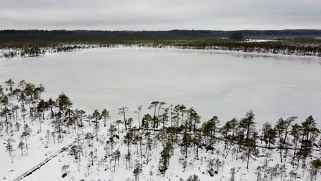 Aerial-drone-approaching-a-lake-in-Luhasoo-Raba-in-Võrumaa-in-South-Estonia-in-winter