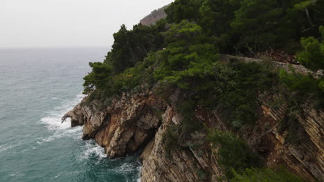 Aerial-drone-shot-of-lush-green-vegetation-on-the-top-of-the-cliff-with-the-view-of-Adriatic-sea-below-in-Montenegro-on-a-cloudy-day