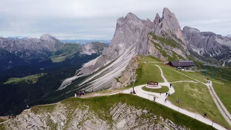 Seceda-Mountain-Peak-at-Urtijëi,-South-Tyrol,-Italian-Alps,-Dolomites,-Italy---Aerial-Drone-View