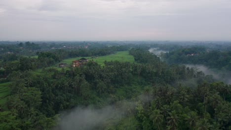 Overcast-day-at-lush-jungle-river-valley-in-Indonesia,-aerial