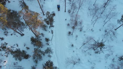 Aerial-View-Of-Snow-Scooter-Driving-Through-Trees-On-Snowy-Forest-At-Winter