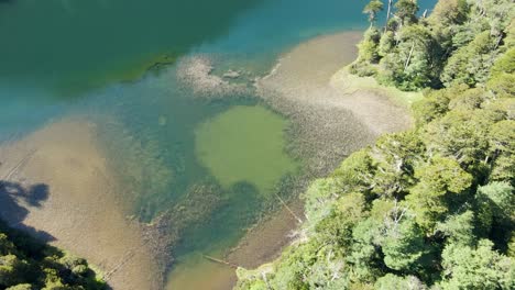 Crane-shot-at-lake-chico-in-huerquehue-national-park-on-a-sunny-day---drone-shot