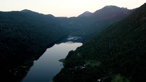 Aerial-view-of-tinquilco-lake-at-the-blue-hour---drone-shot