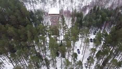 Aerial-drone-view-of-Valgesoo-viewing-tower-in-Southern-Estonia-during-winter