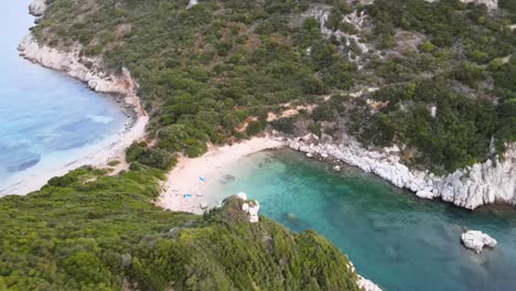 Aerial-video-of-a-beautiful-beach-in-Corfu,-Greece