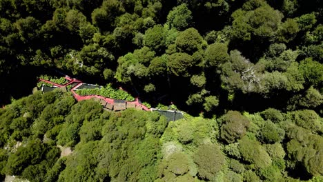 Top-view-tour-of-termas-geometricas-hot-springs-at-conaripe-in-chilean-south---drone-shot