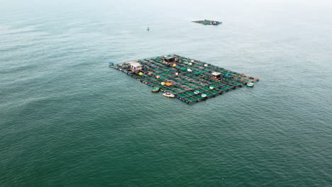 Aquaculture-industry-in-Vietnam,-large-fishing-farm-floating-on-sea,-aerial-view