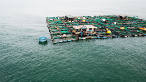 Floating-fish-farm-grid-in-middle-of-Southeast-Asia-ocean,-fish-breeding-industry