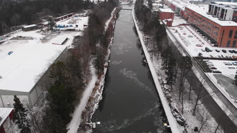 Aerial-pullback-view-from-Trollhätte-Canal-covered-in-snow,-on-winter-season,-Sweden