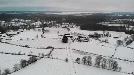 Aerial-flyover-small-Village,-farmland-and-Lake-Hornborga-at-Horizon-during-snowy-and-cloudy-winter-day-in-Sweden