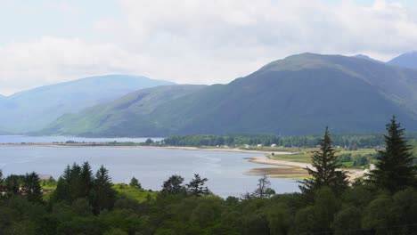 Atemberaubende-Aussicht-über-Den-Strand-Von-Ardgour-In-Loch-Linnhe-Inmitten-Der-Hügeligen-Landschaft-Schottlands,-Während-Sich-Die-Pflanzen-Im-Vordergrund-Im-Wind-Bewegen