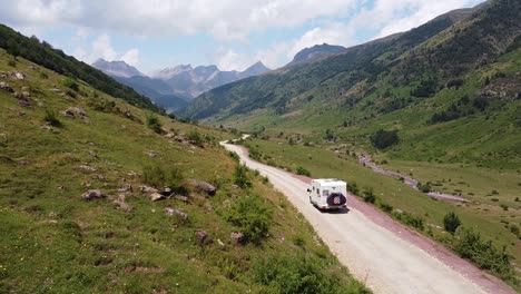 Motorhome-Driving-through-Green-Valley-of-Occidentales-National-Park,-Spanish-Pyrenees,-Spain---Aerial-Drone-View
