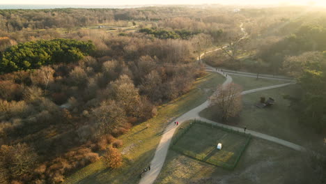 Luftaufnahme-Von-Menschen,-Die-Bei-Sonnenaufgang-In-Herbstparkpfaden-Laufen,-Przymorze-Polen