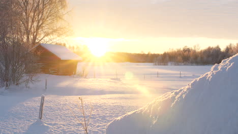 Calm-snowy-winter-landscape-in-beautiful-countryside-outside-Helsinki,-early-morning-sunrise
