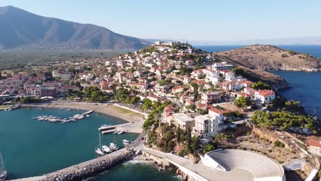 Aerial-View-Paralio-Astros-Theater,-Port-and-Fortress,-Peloponnese,-Greece
