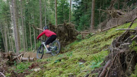 Ein-Mountainbiker-Fährt-Ein-Kreatives-Feature-In-Einem-Wald