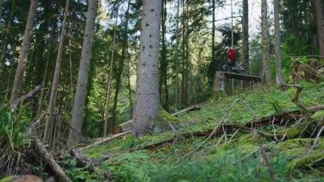 A-mountain-biker-speed-checks-a-tall-jump-in-a-forest
