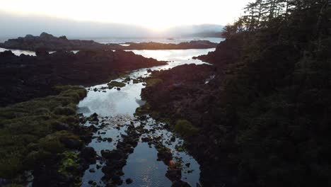 A-river-entering-the-ocean-on-the-west-coast-of-Vancouver-Island-British-Columbia-at-sunset