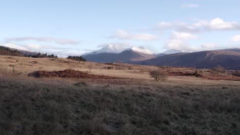 Aerial-drone-footage-flying-low-and-close-to-bracken-and-moorland-towards-Glen-Etive-and-Loch-Etive-in-the-Highlands-of-Scotland-with-snow-capped-mountains,-a-forest-and-still-water-in-morning-light
