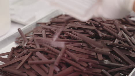 Production-of-Dark-Chocolate-Sticks,-Tray-Full-of-Chocolate-Sticks