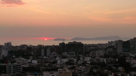 Beautiful-dusk-seascape-seen-from-Miraflores-district-in-Lima-Peru,-drone-view