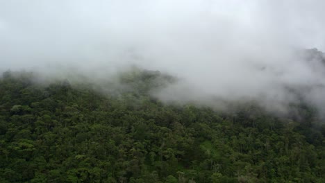 Aerial-dolly-in-of-Chirripo-green-dense-forest-hills-covered-with-white-fog-in-Canaan-de-Rivas,-Costa-Rica