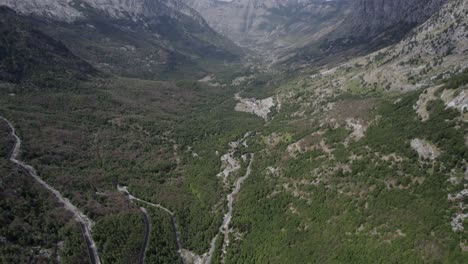 Drone-video-of-descriptive-panning-on-the-Sh21-road-in-Albania,-on-the-way-to-the-Theth-valley,-main-plane-of-Mount-Korab,-road-with-curves-and-without-traffic-can-be-seen