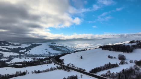 Snowy-Road-in-Beautiful-Ukraine-Crimean-Mountains---Aerial-Drone-View
