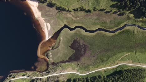Drohnenaufnahme-Eines-Flusses,-Der-In-Einen-See-Fließt