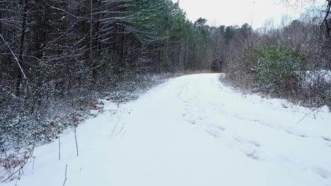 Snow-covered-dirt-road-or-path-in-the-forest-with-footprints-in-the-snow