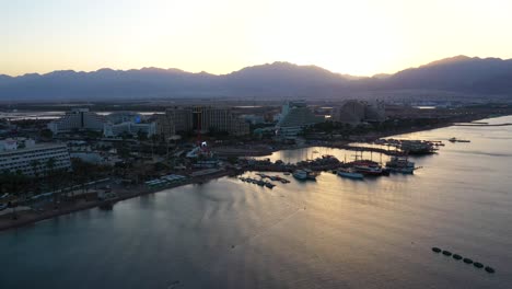 Aerial-view-of-hotels-and-resort-at-the-coastline-of-Eilat-city-in-south-Israel