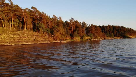 Luftbild-Einer-Sonnenbedeckten-Insel-Bei-Sonnenuntergang-An-Einem-Schwedischen-See