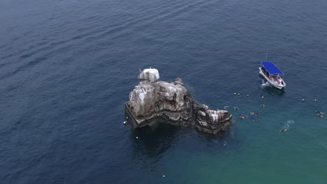 Aerial-of-People-snorkeling-in-the-ocean-in-Cabo-around-Pelican-Rock