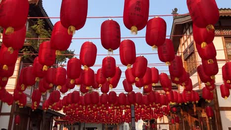 Chinese-street-decoration-to-welcome-the-lunar-new-year,-red-paper-lantern-hanging-in-asian-town-during-traditional-spring-festival