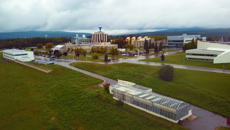 4K-Drone-Video-of-University-of-Alaska-Fairbanks-College-Campus-in-Fairbanks,-AK-during-Summer-Day