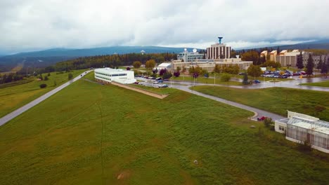 4K-Drone-Video-of-Museum-of-the-North-on-Campus-of-University-of-Alaska-Fairbanks,-AK-during-Summer-Day