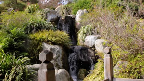 Kleiner-Wasserfall,-Der-An-Einem-Sonnigen-Tag-Durch-Einen-Botanischen-Garten-Fließt