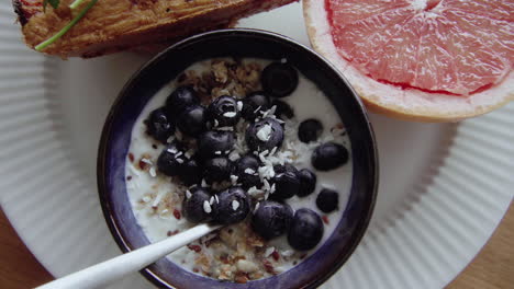Close-Up-Top-Shot-Of-Healthy-Breakfast-Plate-Beautifully-Served-And-Decorated-On-White-Plate