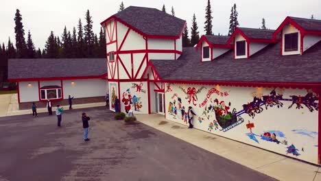 4K-Drone-Video-of-Santa-Claus-House-and-Gift-Shop-in-North-Pole,-Alaksa-during-Summer-Day