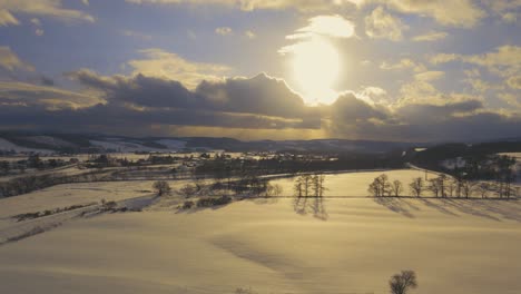 Aerial-Dolly-Forward-Over-Snow-Covered-Winter-Warm-Sunset-Lit-Landscape-Of-Hokkaido