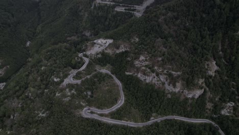 Drone-video-of-"panning-back"-shot-of-the-winding-road-of-Sh21-at-the-top-of-the-Theth-Valley-mountain-pass