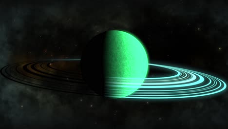 CGI-green-alien-planet-with-rings-in-front-of-black-cloudy-nebula,-space,-wide-view